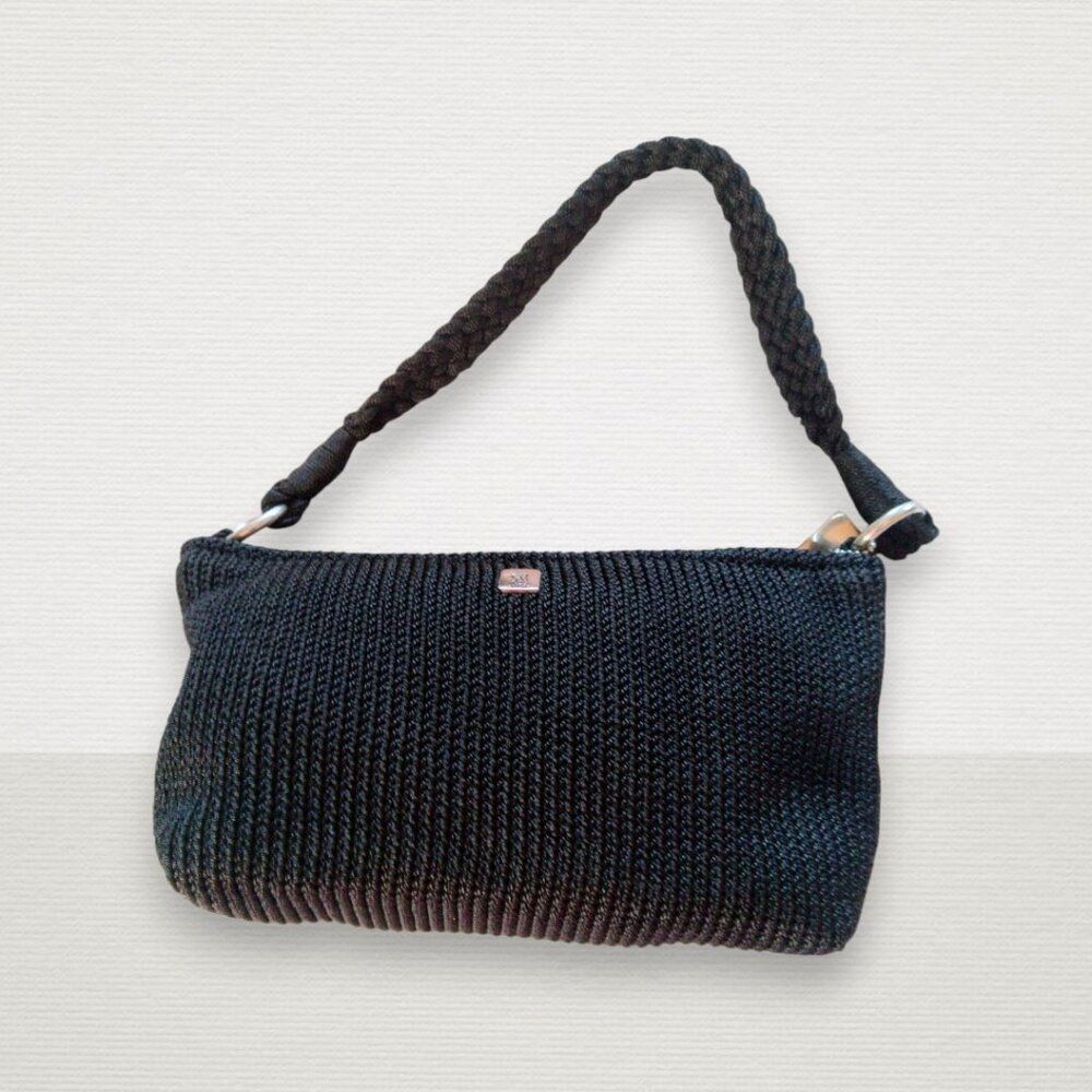 Black Crochet Mini Shoulder Bag with Braided Strap & Silver Hardware by Lina